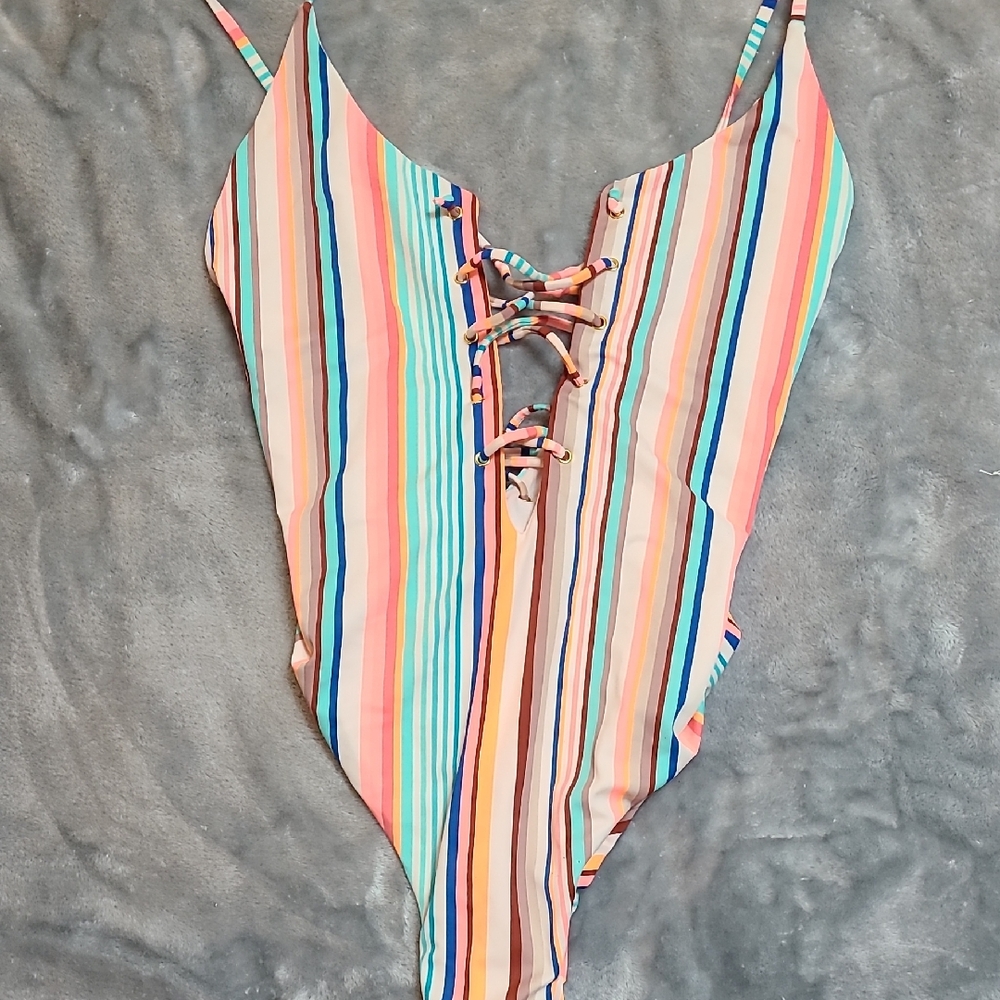 No Boundaries Multicolor Striped One Piece Swimsuit
